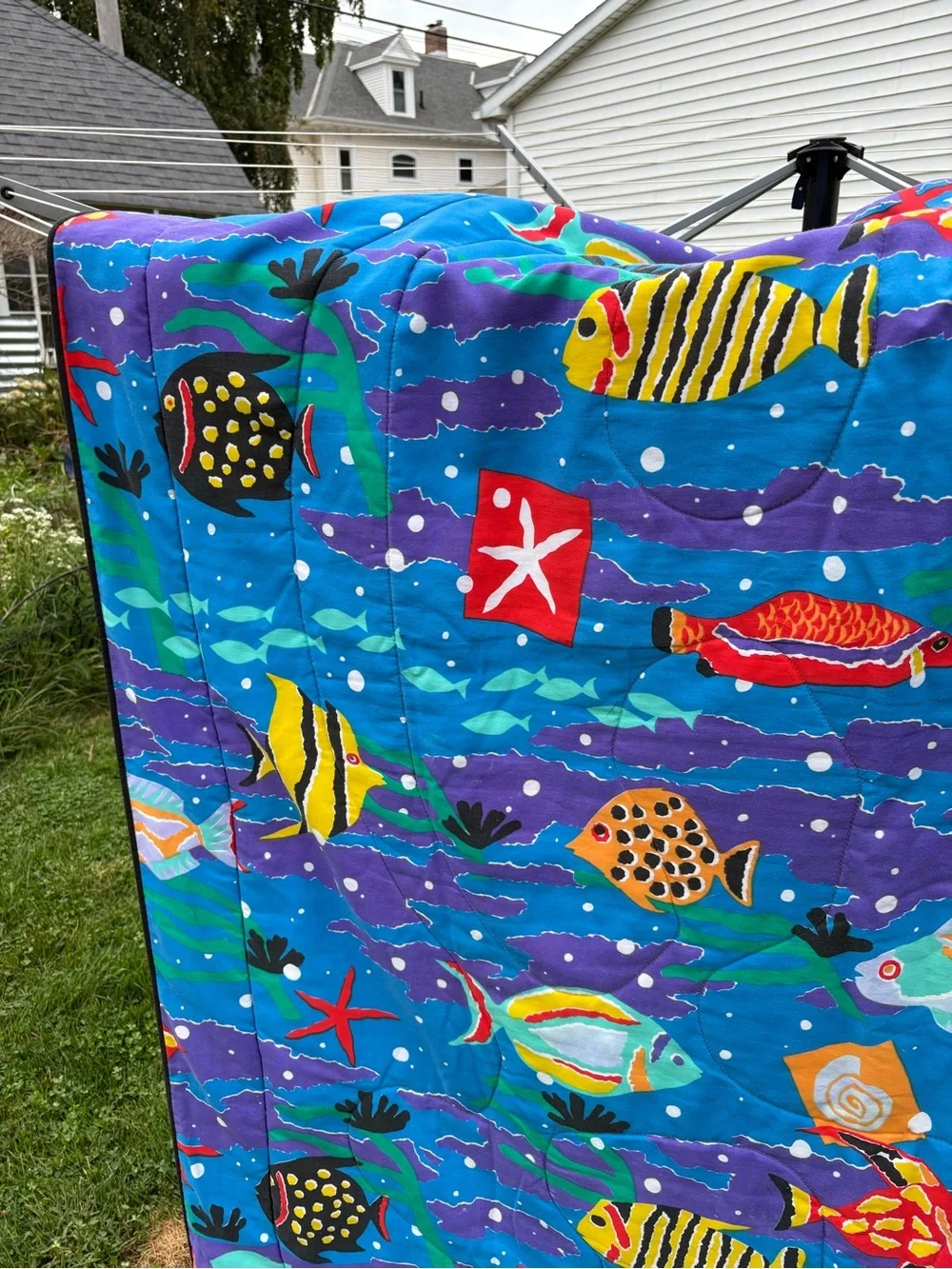 Vintage 1986 Vibrant Blue Tropical Fish Comforter by Cheryl Johnson